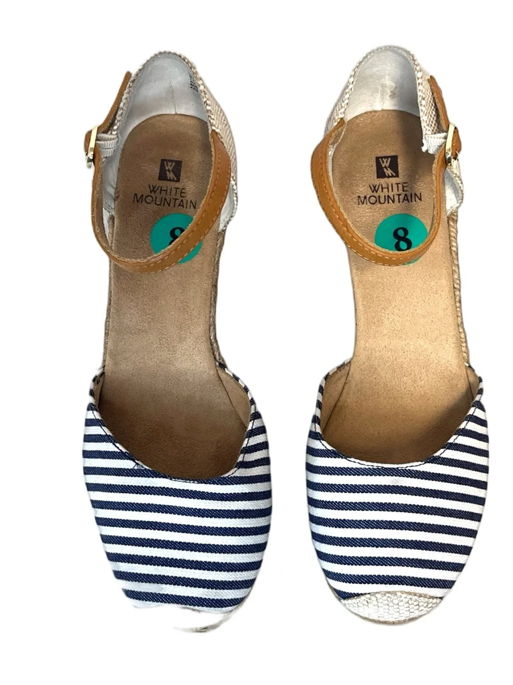 White Mountain Mamba Striped Navy Espadrille Wedge Sandals with Tan Ankle Strap